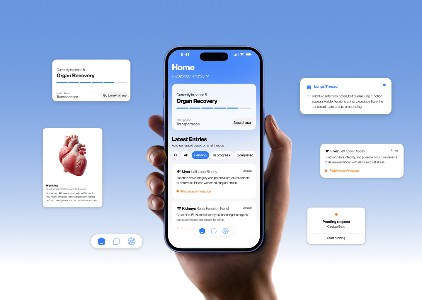 Numa mobile UI with organ data, imaging, and messages